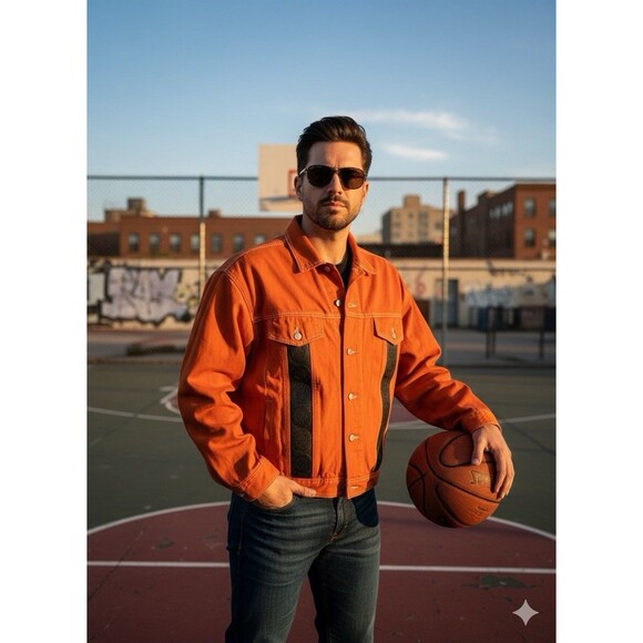 Vtg RUBBER SOUL Men’s  XXL Orange Cool Sexy Denim Trucker Jacket Coat USA Made - Picture 1 of 12